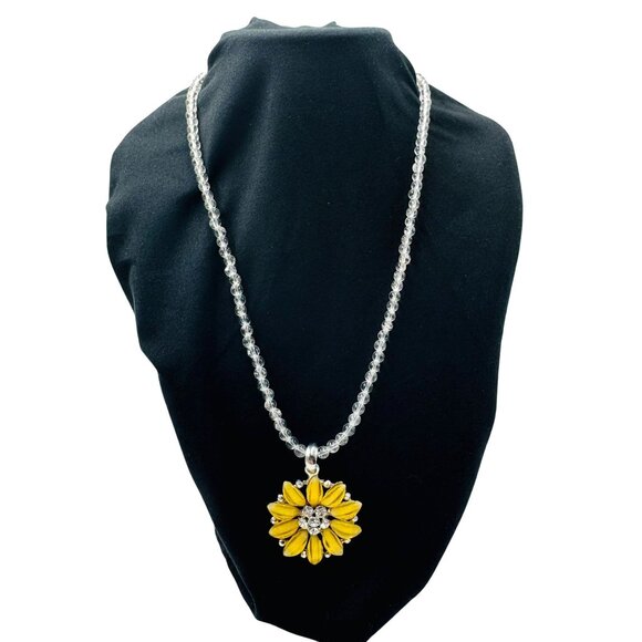N/A Jewelry - 1990's Yellow Sunflower Pendant Necklace w/Clear Beads Shimmer Flaked Petals